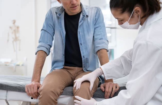 A physiotherapist assessing a patient's knee during a consultation at a Physiotherapy Hospital in Sharjah.
