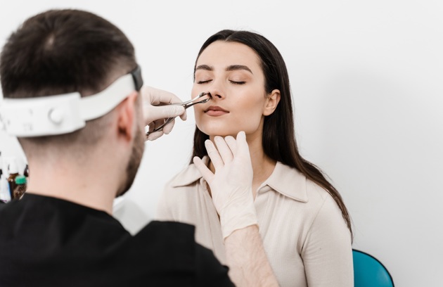 An ENT specialist examining a woman's nose with medical instruments during a checkup at an ENT clinic in Sharjah.