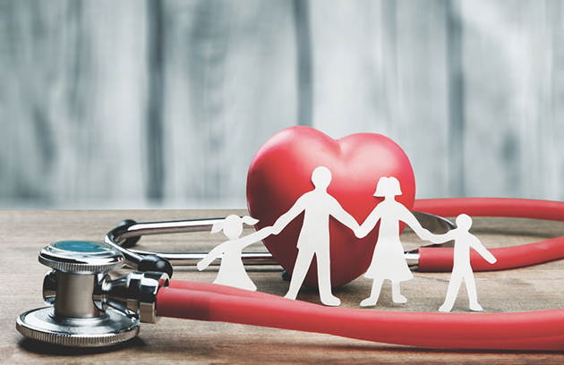 A stethoscope and family health illustration symbolizing preventive and primary healthcare services at a Family Medicine Clinic in Sharjah.